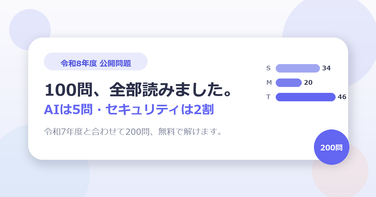 令和8年度 ITパスポート公開問題100問を全部読みました。AIは5問、セキュリティは2割、そして無料で解けるようにしました